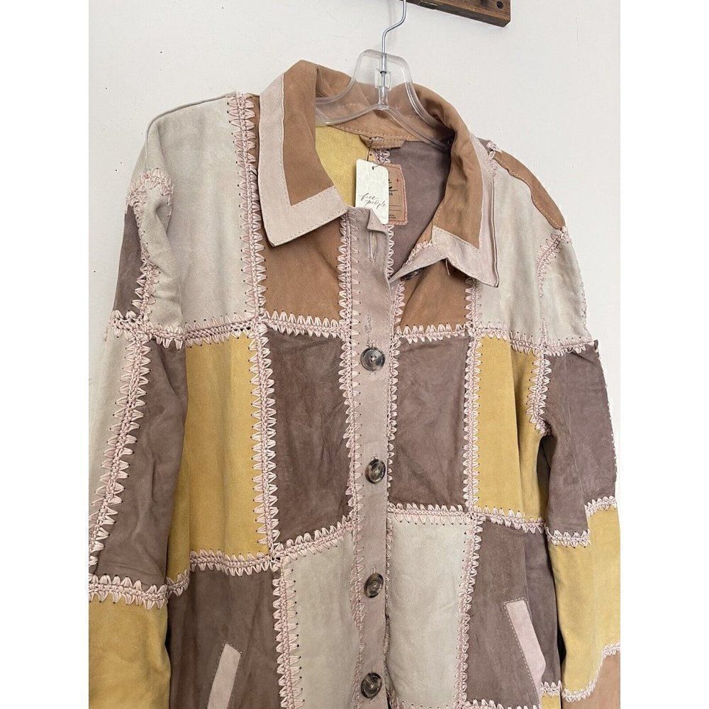 NWT FREE PEOPLE Sz L EDIE CROCHET CHORE LEATHER SUEDE PATCHED SHIRT JACK… - Picture 8 of 9